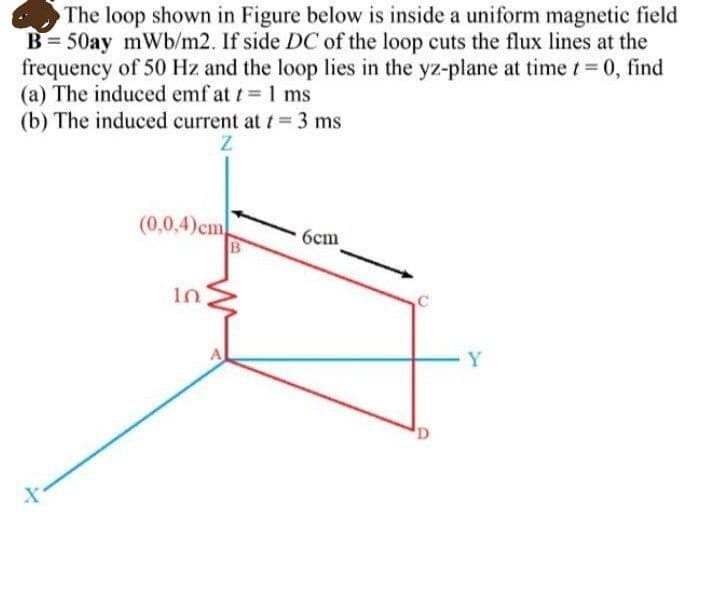 The loop shown in Figure below is inside a uniform magnetic field
B = 50ay mWb/m2. If side DC of the loop cuts the flux lines at the
frequency of 50 Hz and the loop lies in the yz-plane at time t 0, find
(a) The induced emf at t 1 ms
(b) The induced current at t 3 ms
(0,0,4)cm
B
бст
in
Y
