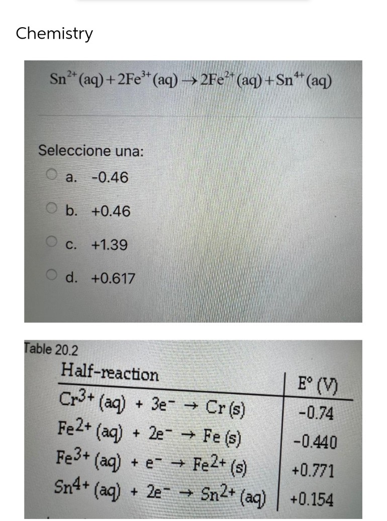 Chemistry
4+
3+
2+
Sn²+ (aq) + 2Fe³+ (aq) →→2Fe²+ (aq) + Sn** (aq)
Seleccione una:
a. -0.46
Ob.
+0.46
C.
+1.39
d. +0.617
Half-reaction
Cr³+ (aq) + 3e
E° (V)
-0.74
Fe2+ (aq) + 2e
-0.440
Fe3+ (aq) + e
Fe2+ (s)
+0.771
Sn4+ (aq) + 2e-
Sn2+ (aq) +0.154
Table 20.2
Cr (s)
→ Fe (s)
→