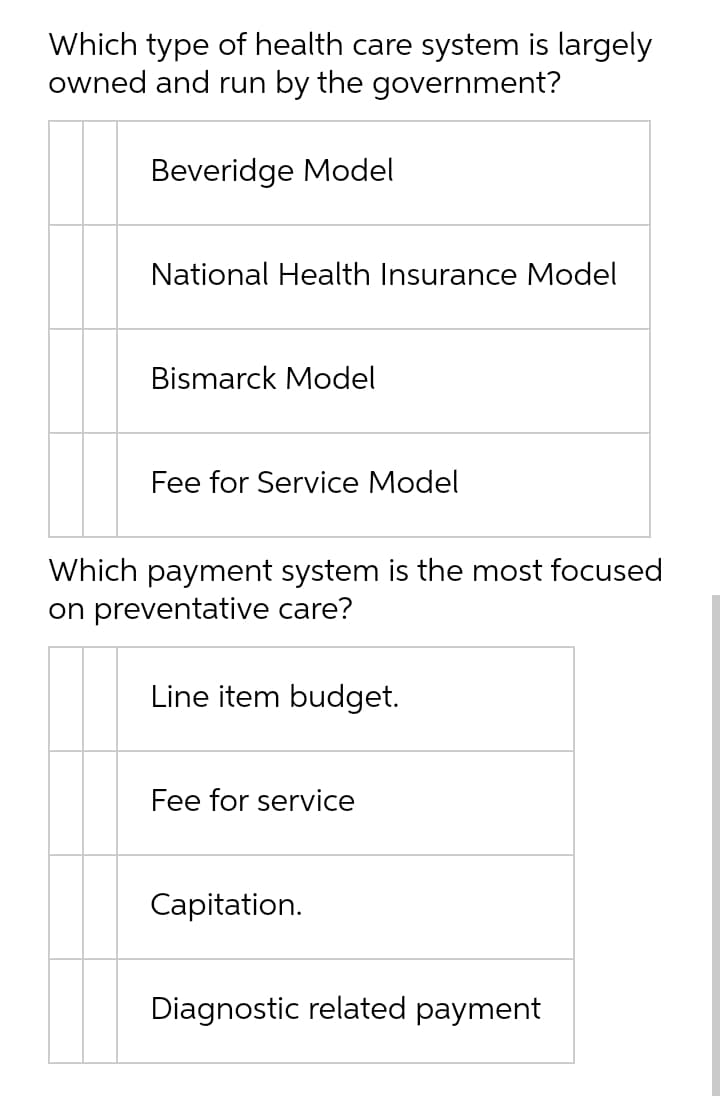 Which type of health care system is largely
owned and run by the government?
Beveridge Model
National Health Insurance Model
Bismarck Model
Fee for Service Model
Which payment system is the most focused
on preventative care?
Line item budget.
Fee for service
Capitation.
Diagnostic related payment
