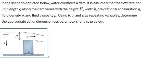 In the scenario depicted below, water overflows a dam. It is assumed that the flow rate per
unit length q along the dam varies with the height H, width b, gravitational acceleration g,
fluid density p, and fluid viscosity μ. Using b, g, and p as repeating variables, determine
the appropriate set of dimensionless parameters for this problem.
H