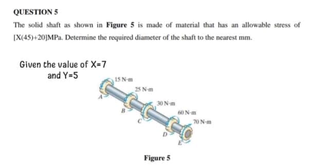 QUESTION 5
The solid shaft as shown in Figure 5 is made of material that has an allowable stress of
[X(45)+20]MPa. Determine the required diameter of the shaft to the nearest mm.
Given the value of X=7
and Y=5
15 N-m
25 N-m
30 N-m
Figure 5
60 N-m
70 N-m