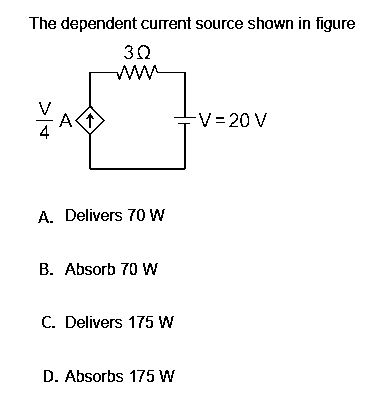 The dependent current source shown in figure
30
ww
-V=20 V
A. Delivers 70 W
B. Absorb 70 w
C. Delivers 175 W
D. Absorbs 175 W
