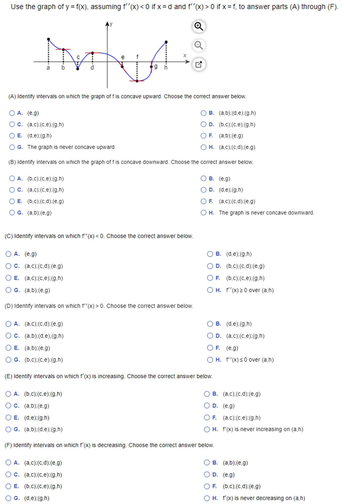 Use the graph of y = f(x), assuming f''(x) < 0 if x = d and f''(x) > 0 if x = f, to answer parts (A) through (F).
y
MANLA
a
e
gh
(A) Identify intervals on which the graph of f is concave upward. Choose the correct answer below.
○ A. (e.g)
○ C. (a,c); (c,e);(g,h)
○ E. (de);(g,h)
G. The graph is never concave upward.
○ B. (a,b); (de);(g,h)
D. (b,c); (c,e): (g,h)
○ F. (a,b); (e.g)
○ H. (a,c); (c,d); (e,g)
(B) Identify intervals on which the graph of f is concave downward. Choose the correct answer below.
○ A. (b,c); (c,e);(g,h)
○ C. (a,c); (c,e);(g,h)
○ B.
(e.g)
O D.
(d,e);(g,h)
○ E. (b,c); (c,d); (e,g)
O G. (a,b);(e.g)
(C) Identify intervals on which f'(x) <0. Choose the correct answer below.
○ A. (e.g)
○ C. (a,c); (c,d);(e,g)
○ E. (a,c); (c,e);(g,h)
○ G. (a,b); (e,g)
(D) Identify intervals on which f''(x) > 0. Choose the correct answer below.
○ A. (a,c); (c,d);(e,g)
○ C. (a,b);(d,e);(g,h)
○ E. (a,b);(e.g)
○ G. (b,c); (c,e);(g,h)
O F. (a,c); (c,d);(e,g)
◇ H. The graph is never concave downward.
B. (d,e);(g,h)
D. (b,c); (c,d):(e,g)
F. (b,c); (c,e);(g,h)
OH. f''(x)≥0 over (a,h)
B. (d,e);(g,h)
D. (a,c); (c,e);(g,h)
F. (e.g)
OH. f''(x) ≤ 0 over (a,h)
(E) Identify intervals on which f'(x) is increasing. Choose the correct answer below.
○ A. (b,c); (c,e); (g,h)
○ C. (a,b);(e,g)
○ E. (d,e);(g,h)
○ G. (a,b);(d,e);(g,h)
B. (a,c); (c,d);(e,g)
○ D. (e.g)
○ F. (a,c); (c,e); (g,h)
O H. f'(x) is never increasing on (a,h)
(F) Identify intervals on which f'(x) is decreasing. Choose the correct answer below.
○ A. (a,c); (c,d); (e,g)
○ C. (a,c); (c,e); (g,h)
○ E. (b,c); (c,e); (g,h)
○ G. (d,e); (g,h)
○ B. (a,b); (e.g)
○ D. (e.g)
○ F. (b,c); (c,d); (e,g)
OH. f'(x) is never decreasing on (a,h)