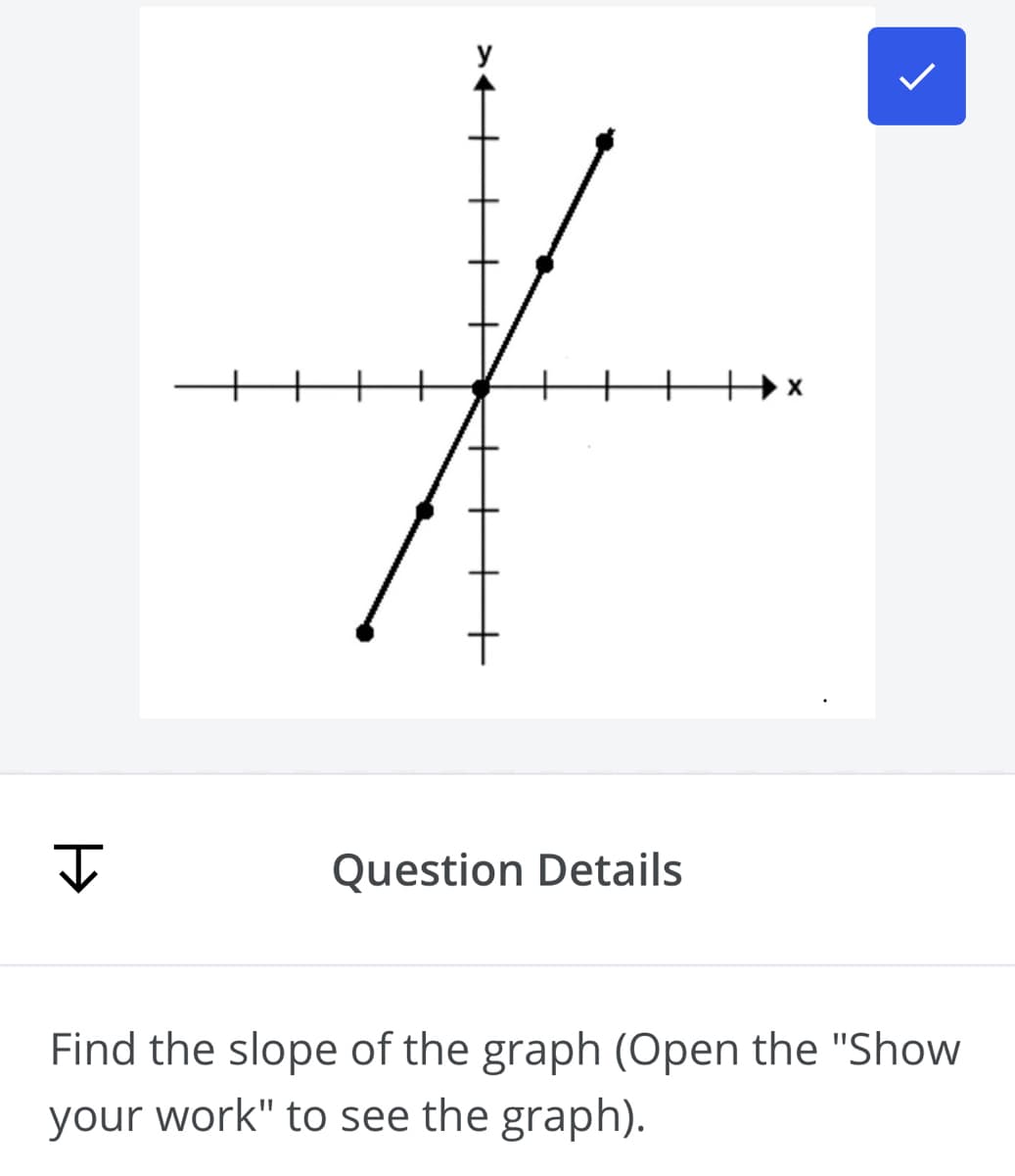 Question Details
Find the slope of the graph (Open the "Show
your work" to see the graph).

