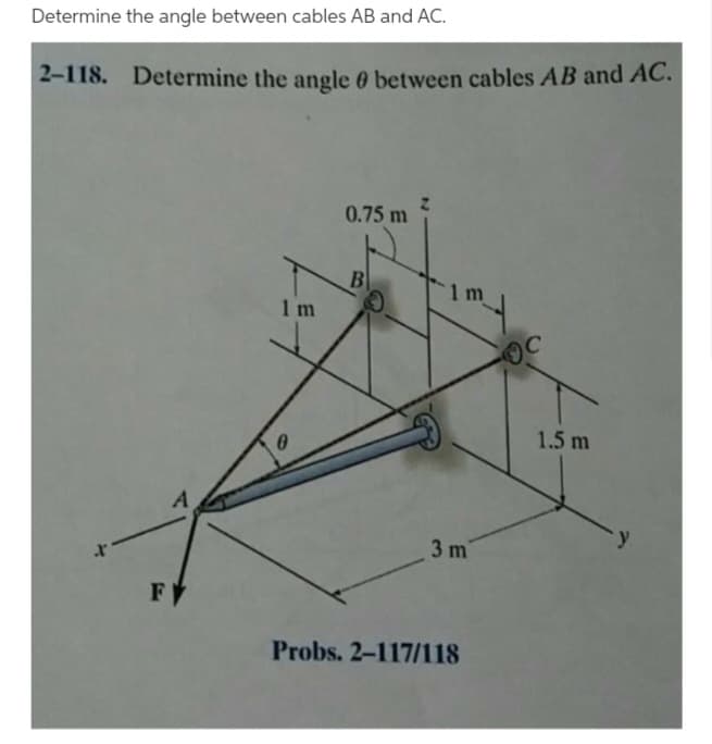 Determine the angle between cables AB and AC.
2-118. Determine the angle between cables AB and AC.
X
A
FY
1m
0
0.75 m
B
1 m
3 m
Probs. 2-117/118
1.5 m
