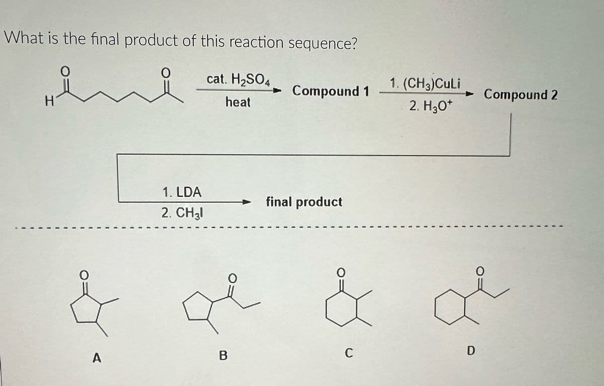 What is the final product of this reaction sequence?
H
ii
요
cat. H2SO4
1. (CH3)CuLi
Compound 1
► Compound 2
heat
2. H3O+
1. LDA
2. CH3l
final product
0
ď
A
B
C
D