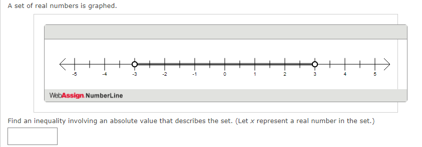 A set of real numbers is graphed.
-4
-3
-2
2
3
WebAssign. NumberLine
Find an inequality involving an absolute value that describes the set. (Let x represent a real number in the set.)
