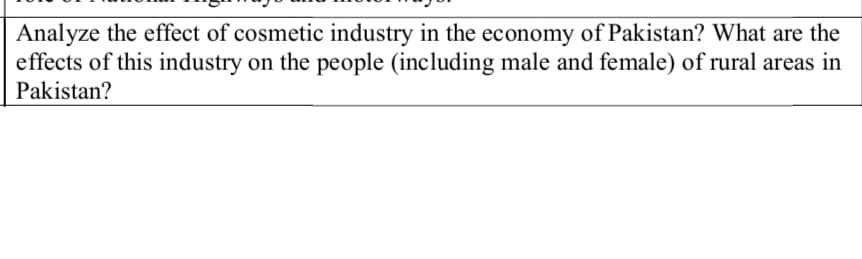 Analyze the effect of cosmetic industry in the economy of Pakistan? What are the
effects of this industry on the people (including male and female) of rural areas in
Pakistan?
