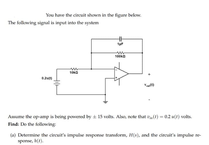 You have the circuit shown in the figure below.
The following signal is input into the system
0.2u(t)
10kQ
HH
1μF
100k
Vour(t)
Assume the op-amp is being powered by ± 15 volts. Also, note that vin (t) = 0.2 u(t) volts.
Find: Do the following:
(a) Determine the circuit's impulse response transform, H(s), and the circuit's impulse re-
sponse, h(t).