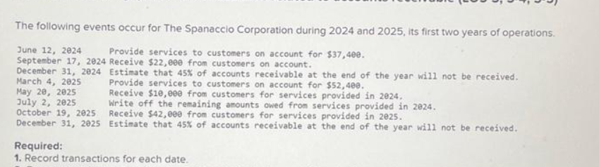 The following events occur for The Spanaccio Corporation during 2024 and 2025, its first two years of operations.
June 12, 2024
Provide services to customers on account for $37,400.
September 17, 2024 Receive $22,000 from customers on account.
December 31, 2024
March 4, 2025
May 20, 2025
July 2, 2025
October 19, 2025
December 31, 2025
Estimate that 45% of accounts receivable at the end of the year will not be received.
Provide services to customers on account for $52,400.
Receive $10,000 from customers for services provided in 2024.
Write off the remaining amounts owed from services provided in 2024.
Receive $42,000 from customers for services provided in 2025.
Estimate that 45% of accounts receivable at the end of the year will not be received.
Required:
1. Record transactions for each date.