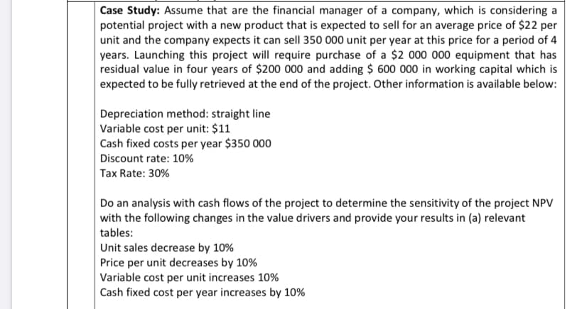 Case Study: Assume that are the financial manager of a company, which is considering a
potential project with a new product that is expected to sell for an average price of $22 per
unit and the company expects it can sell 350 000 unit per year at this price for a period of 4
years. Launching this project will require purchase of a $2 000 000 equipment that has
residual value in four years of $200 000 and adding $ 600 000 in working capital which is
expected to be fully retrieved at the end of the project. Other information is available below:
Depreciation method: straight line
Variable cost per unit: $11
Cash fixed costs per year $350 000
Discount rate: 10%
Tax Rate: 30%
Do an analysis with cash flows of the project to determine the sensitivity of the project NPV
with the following changes in the value drivers and provide your results in (a) relevant
tables:
Unit sales decrease by 10%
Price per unit decreases by 10%
Variable cost per unit increases 10%
Cash fixed cost per year increases by 10%
