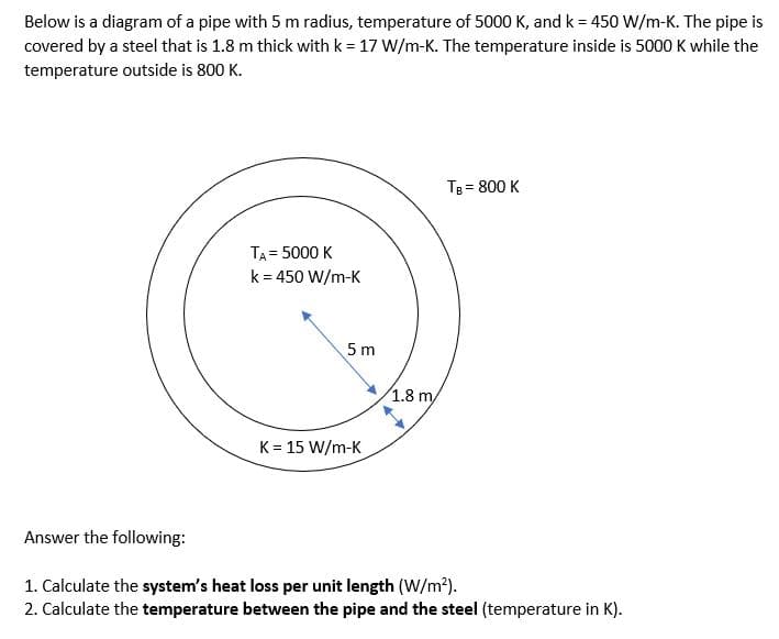 Below is a diagram of a pipe with 5 m radius, temperature of 5000 K, and k = 450 W/m-K. The pipe is
covered by a steel that is 1.8 m thick with k = 17 W/m-K. The temperature inside is 5000 K while the
temperature outside is 800 K.
TB = 800 K
TA
= 5000 K
k = 450 W/m-K
K = 15 W/m-K
Answer the following:
1. Calculate the system's heat loss per unit length (W/m²).
2. Calculate the temperature between the pipe and the steel (temperature in K).
5 m
1.8 m/