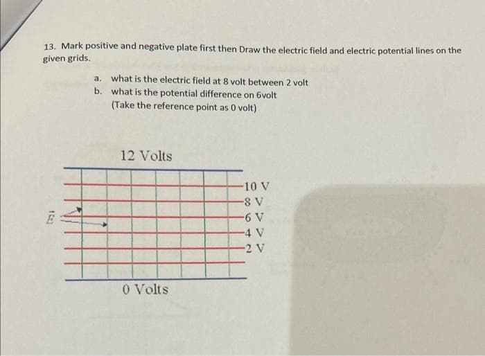 13. Mark positive and negative plate first then Draw the electric field and electric potential lines on the
given grids.
152)
a. what is the electric field at 8 volt between 2 volt
b.
what is the potential difference on 6volt
(Take the reference point as 0 volt)
12 Volts
0 Volts
-10 V
-8 V
-6 V
-4 V
-2 V