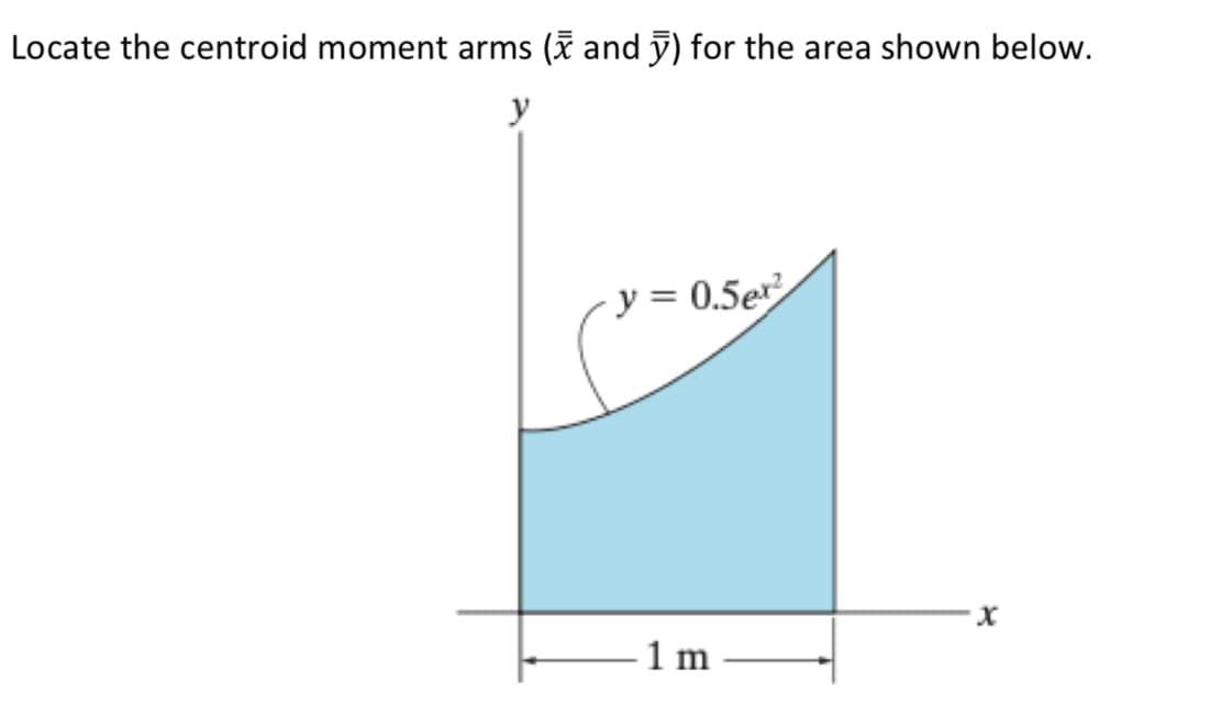 Locate the centroid moment arms
( and y) for the area shown below.
y
y = 0.5ex²
1 m
x