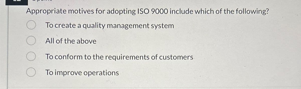 Appropriate motives for adopting ISO 9000 include which of the following?
To create a quality management system
All of the above
To conform to the requirements of customers.
To improve operations