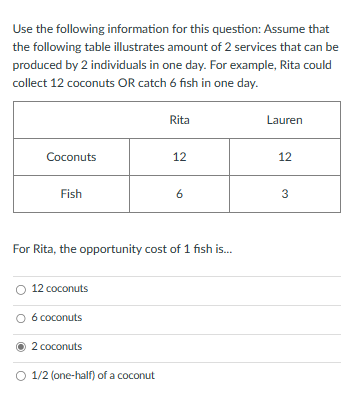 Use the following information for this question: Assume that
the following table illustrates amount of 2 services that can be
produced by 2 individuals in one day. For example, Rita could
collect 12 coconuts OR catch 6 fish in one day.
Coconuts
Fish
12 coconuts
O 6 coconuts
For Rita, the opportunity cost of 1 fish is...
2 coconuts
Rita
O 1/2 (one-half) of a coconut
12
6
Lauren
12
3