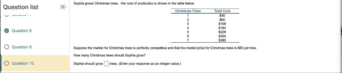 Question list
Question 8
O Question 9
O Question 10
K
Sophia grows Christmas trees. Her cost of production is shown in the table below.
Christmas Trees
Total Cost
$40
$60
$108
II
$164
$228
6
$300
7
$380
Suppose the market for Christmas trees is perfectly competitive and that the market price for Christmas trees is $60 per tree.
How many Christmas trees should Sophia grow?
Sophia should grow trees. (Enter your response as an integer value.)