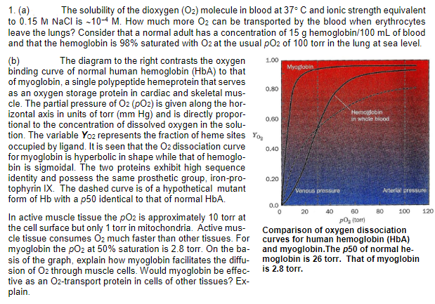 1. (a) The solubility of the dioxygen (O₂) molecule in blood at 37° C and ionic strength equivalent
to 0.15 M NaCl is ~10-4 M. How much more O₂ can be transported by the blood when erythrocytes
leave the lungs? Consider that a normal adult has a concentration of 15 g hemoglobin/100 mL of blood
and that the hemoglobin is 98% saturated with O2 at the usual pO2 of 100 torr in the lung at sea level.
1.00
(b)
The diagram to the right contrasts the oxygen
binding curve of normal human hemoglobin (HbA) to that
of myoglobin, a single polypeptide hemeprotein that serves
as an oxygen storage protein in cardiac and skeletal mus-
cle. The partial pressure of O2 (pO2) is given along the hor-
izontal axis in units of torr (mm Hg) and is directly propor-
tional to the concentration of dissolved oxygen in the solu-
tion. The variable Yoz represents the fraction of heme sites Yo
occupied by ligand. It is seen that the O2 dissociation curve
for myoglobin is hyperbolic in shape while that of hemoglo-
bin is sigmoidal. The two proteins exhibit high sequence
identity and possess the same prosthetic group, iron-pro-
tophyrin IX. The dashed curve is of a hypothetical mutant
form of Hb with a p50 identical to that of normal HbA.
In active muscle tissue the pO2 is approximately 10 torr at
the cell surface but only 1 torr in mitochondria. Active mus-
cle tissue consumes 0₂ much faster than other tissues. For
myoglobin the pO2 at 50% saturation is 2.8 torr. On the ba-
sis of the graph, explain how myoglobin facilitates the diffu-
sion of O2 through muscle cells. Would myoglobin be effec-
tive as an O2-transport protein in cells of other tissues? Ex-
plain.
0.80
0.60
0.40
0.20
0.0
Myoglobin
Venous pressure
20
40
Hemoglobin
in whole blood
Arterial pressure
60
p0₂ (tor)
Comparison of oxygen dissociation
curves for human hemoglobin (HbA)
and myoglobin. The p50 of normal he-
moglobin is 26 torr. That of myoglobin
is 2.8 torr.
80 100 120
