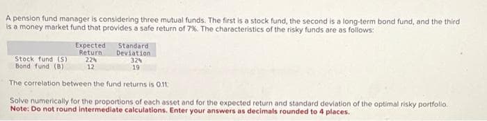 A pension fund manager is considering three mutual funds. The first is a stock fund, the second is a long-term bond fund, and the third
is a money market fund that provides a safe return of 7%. The characteristics of the risky funds are as follows:
Expected
Return
Standard.
Deviation
Stock fund (S)
32%
Bond fund (B)
19
The correlation between the fund returns is 0.11.
Solve numerically for the proportions of each asset and for the expected return and standard deviation of the optimal risky portfolio.
Note: Do not round intermediate calculations. Enter your answers as decimals rounded to 4 places.
22%
12