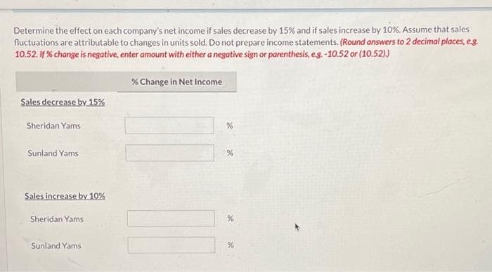 Determine the effect on each company's net income if sales decrease by 15% and if sales increase by 10%. Assume that sales
fluctuations are attributable to changes in units sold. Do not prepare income statements. (Round answers to 2 decimal places, e.g.
10.52. If % change is negative, enter amount with either a negative sign or parenthesis, e.g. -10.52 or (10.52).)
Sales decrease by 15%
Sheridan Yams
Sunland Yams
Sales increase by 10%
Sheridan Yams
Sunland Yams
% Change in Net Income
%
%