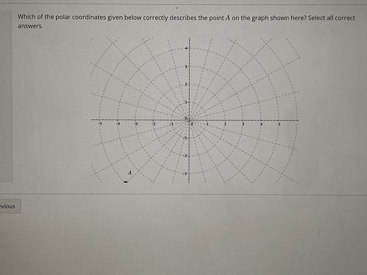 Which of the polar coordinates given below correctly describes the point A on the graph shown here? Select all correct
answers.
evious
