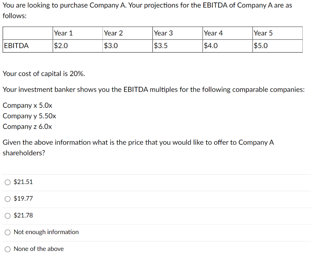 You are looking to purchase Company A. Your projections for the EBITDA of Company A are as
follows:
EBITDA
$21.51
Year 1
$2.0
O $19.77
$21.78
Your cost of capital is 20%.
Your investment banker shows you the EBITDA multiples for the following comparable companies:
Company x 5.0x
Company y 5.50x
Company z 6.0x
Year 2
$3.0
Given the above information what is the price that you would like to offer to Company A
shareholders?
Not enough information
Year 3
$3.5
None of the above
Year 4
$4.0
Year 5
$5.0