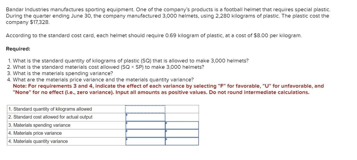 Bandar Industries manufactures sporting equipment. One of the company's products is a football helmet that requires special plastic.
During the quarter ending June 30, the company manufactured 3,000 helmets, using 2,280 kilograms of plastic. The plastic cost the
company $17,328.
According to the standard cost card, each helmet should require 0.69 kilogram of plastic, at a cost of $8.00 per kilogram.
Required:
1. What is the standard quantity of kilograms of plastic (SQ) that is allowed to make 3,000 helmets?
2. What is the standard materials cost allowed (SQ × SP) to make 3,000 helmets?
3. What is the materials spending variance?
4. What are the materials price variance and the materials quantity variance?
Note: For requirements 3 and 4, indicate the effect of each variance by selecting "F" for favorable, "U" for unfavorable, and
"None" for no effect (i.e., zero variance). Input all amounts as positive values. Do not round intermediate calculations.
1. Standard quantity of kilograms allowed
2. Standard cost allowed for actual output
3. Materials spending variance
4. Materials price variance
4. Materials quantity variance