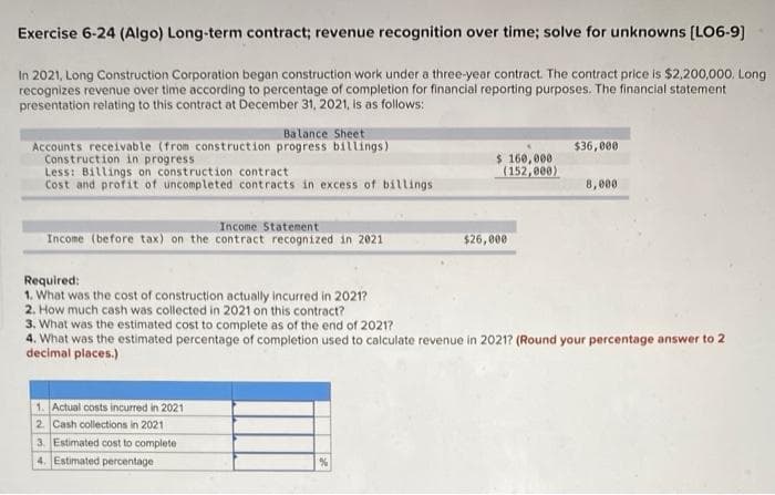 Exercise 6-24 (Algo) Long-term contract; revenue recognition over time; solve for unknowns [LO6-9]
In 2021, Long Construction Corporation began construction work under a three-year contract. The contract price is $2,200,000. Long
recognizes revenue over time according to percentage of completion for financial reporting purposes. The financial statement
presentation relating to this contract at December 31, 2021, is as follows:
Balance Sheet
Accounts receivable (from construction progress billings)
Construction in progress.
Less: Billings on construction contract
Cost and profit of uncompleted contracts in excess of billings
Income Statement
Income (before tax) on the contract recognized in 2021
Required:
1. What was the cost of construction actually incurred in 2021?
$ 160,000
(152,000)
1. Actual costs incurred in 2021
2. Cash collections in 2021
3. Estimated cost to complete
4. Estimated percentage
$26,000
$36,000
8,000
2. How much cash was collected in 2021 on this contract?
3. What was the estimated cost to complete as of the end of 2021?
4. What was the estimated percentage of completion used to calculate revenue in 2021? (Round your percentage answer to 2
decimal places.)