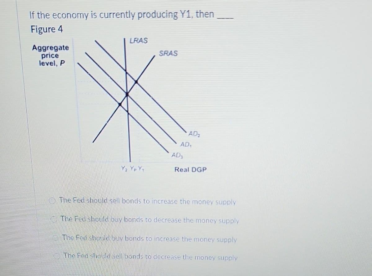 If the economy is currently producing Y1, then
Figure 4
Aggregate
price
level, P
LRAS
Y₂ Yp Y,
SRAS
AD,
AD₂
Real DGP
The Fed should sell bonds to increase the money supply
The Fee should buy bonds to decrease the money supply
The Fed should by bonds to increase the money supply
The Fed should sell bonds to decrease the money supply