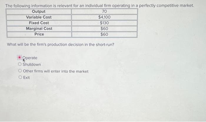 The following information is relevant for an individual firm operating in a perfectly competitive market.
Output
70
$4,100
$130
$60
$60
What will be the firm's production decision in the short-run?
Variable Cost
Fixed Cost
Marginal Cost
Price
Operate
Shutdown
Other firms will enter into the market
Exit
