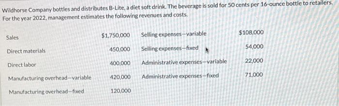 Wildhorse Company bottles and distributes B-Lite, a diet soft drink. The beverage is sold for 50 cents per 16-ounce bottle to retailers.
For the year 2022, management estimates the following revenues and costs.
Sales
Direct materials
Direct labor
Manufacturing overhead-variable:
Manufacturing overhead-fixed.
$1,750,000
450,000
400,000
420,000
120,000
Selling expenses-variable
Selling expenses-fixed
Administrative expenses-variable
Administrative expenses-fixed
$108,000
54,000
22,000
71,000