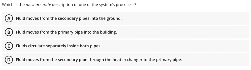 Which is the most accurate description of one of the system's processes?
A Fluid moves from the secondary pipes into the ground.
B Fluid moves from the primary pipe into the building.
Fluids circulate separately inside both pipes.
D Fluid moves from the secondary pipe through the heat exchanger to the primary pipe.