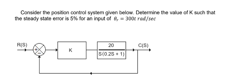 Consider the position control system given below. Determine the value of K such that
the steady state error is 5% for an input of 0,= 300t rad/sec
R(S)
K
20
S(0.2S + 1)
C(S)