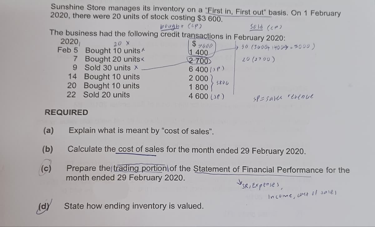 Sunshine Store manages its inventory on a "First in, First out" basis. On 1 February
2020, there were 20 units of stock costing $3 600.
bought (up)
Sold (CP)
The business had the following credit transactions in February 2020:
(a)
(b)
2020₁
(c)
Feb 5
7
9
20 X
Bought 10 units
Bought 20 units<
Sold 30 units X
14
20
22 Sold 20 units
Bought 10 units
Bought 10 units
REQUIRED
$
1 400
2-700
6 400 (JP)
2 000
7400
3800
1 800
4 600 (sr)
(d) State how ending inventory is valued.
30 (3600+ 1400.5000)
20 (2700)
SP-saver revenue
Explain what is meant by "cost of sales".
Calculate the cost of sales for the month ended 29 February 2020.
Prepare the trading portion of the Statement of Financial Performance for the
month ended 29 February 2020.
Ysri Expenses,
Income, cost of sales