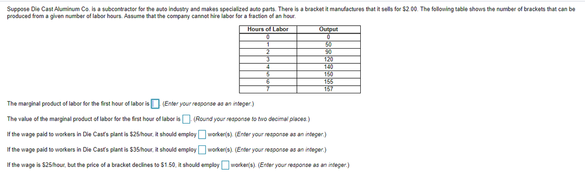 Suppose Die Cast Aluminum Co. is a subcontractor for the auto industry and makes specialized auto parts. There is a bracket it manufactures that it sells for $2.00. The following table shows the number of brackets that can be
produced from a given number of labor hours. Assume that the company cannot hire labor for a fraction of an hour.
Hours of Labor
Output
1
50
2
90
3
120
4
140
5
150
155
157
6.
The marginal product of labor for the first hour of labor is || (Enter your response as an integer.)
The value of the marginal product of labor for the first hour of labor is. (Round your response to two decimal places.)
If the wage paid to workers in Die Cast's plant is $25/hour, it should employ worker(s). (Enter your response as an integer.)
If the wage paid to workers in Die Casť's plant is $35/hour, it should employ worker(s). (Enter your response as an integer.)
If the wage is $25/hour, but the price of a bracket declines to $1.50, it should employ worker(s). (Enter your response as an integer.)
