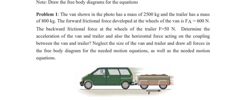 Note: Draw the free body diagrams for the equations
Problem 1: The van shown in the photo has a mass of 2500 kg and the trailer has a mass
of 800 kg. The forward frictional force developed at the wheels of the van is FA = 600 N.
The backward frictional force at the wheels of the trailer F=50 N. Determine the
acceleration of the van and trailer and also the horizontal force acting on the coupling
between the van and trailer? Neglect the size of the van and trailer and draw all forces in
the free body diagram for the needed motion equations, as well as the needed motion
equations.
