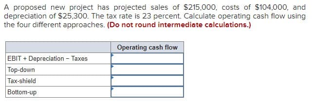 A proposed new project has projected sales of $215,000, costs of $104,000, and
depreciation of $25,300. The tax rate is 23 percent. Calculate operating cash flow using
the four different approaches. (Do not round intermediate calculations.)
EBIT + Depreciation - Taxes
Top-down
Operating cash flow
Tax-shield
Bottom-up
