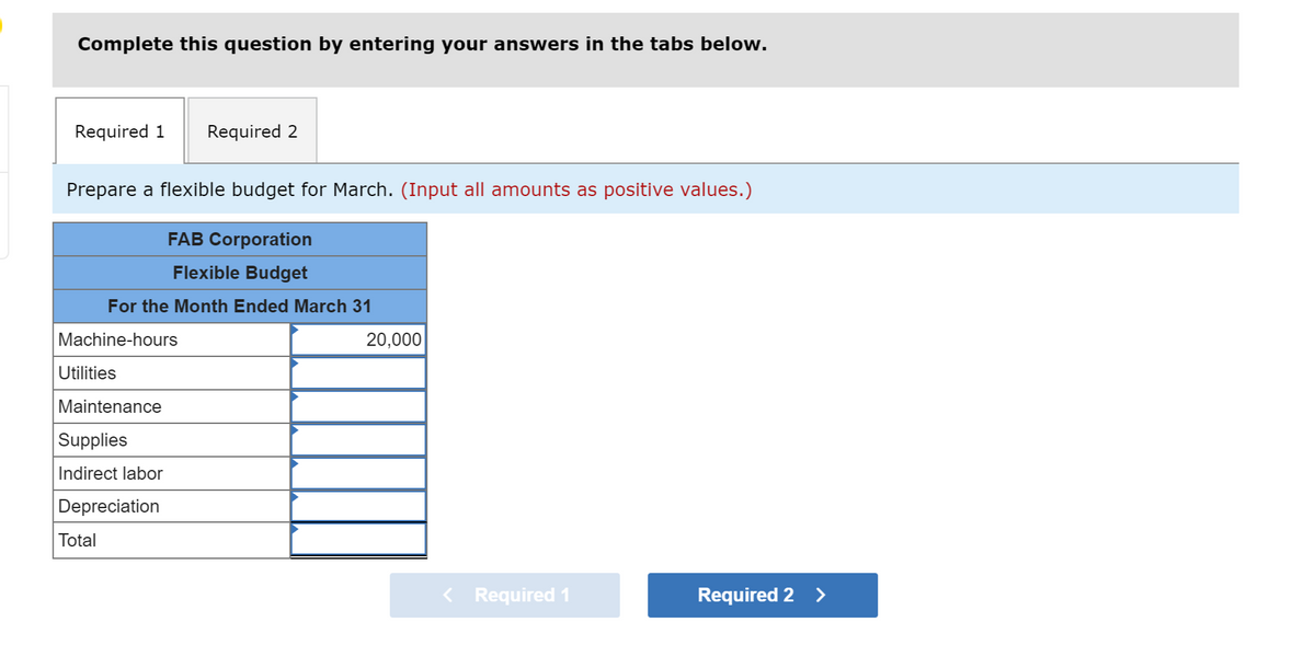 Complete this question by entering your answers in the tabs below.
Required 1 Required 2
Prepare a flexible budget for March. (Input all amounts as positive values.)
FAB Corporation
Flexible Budget
For the Month Ended March 31
Machine-hours
Utilities
Maintenance
Supplies
Indirect labor
Depreciation
Total
20,000
< Required 1
Required 2 >