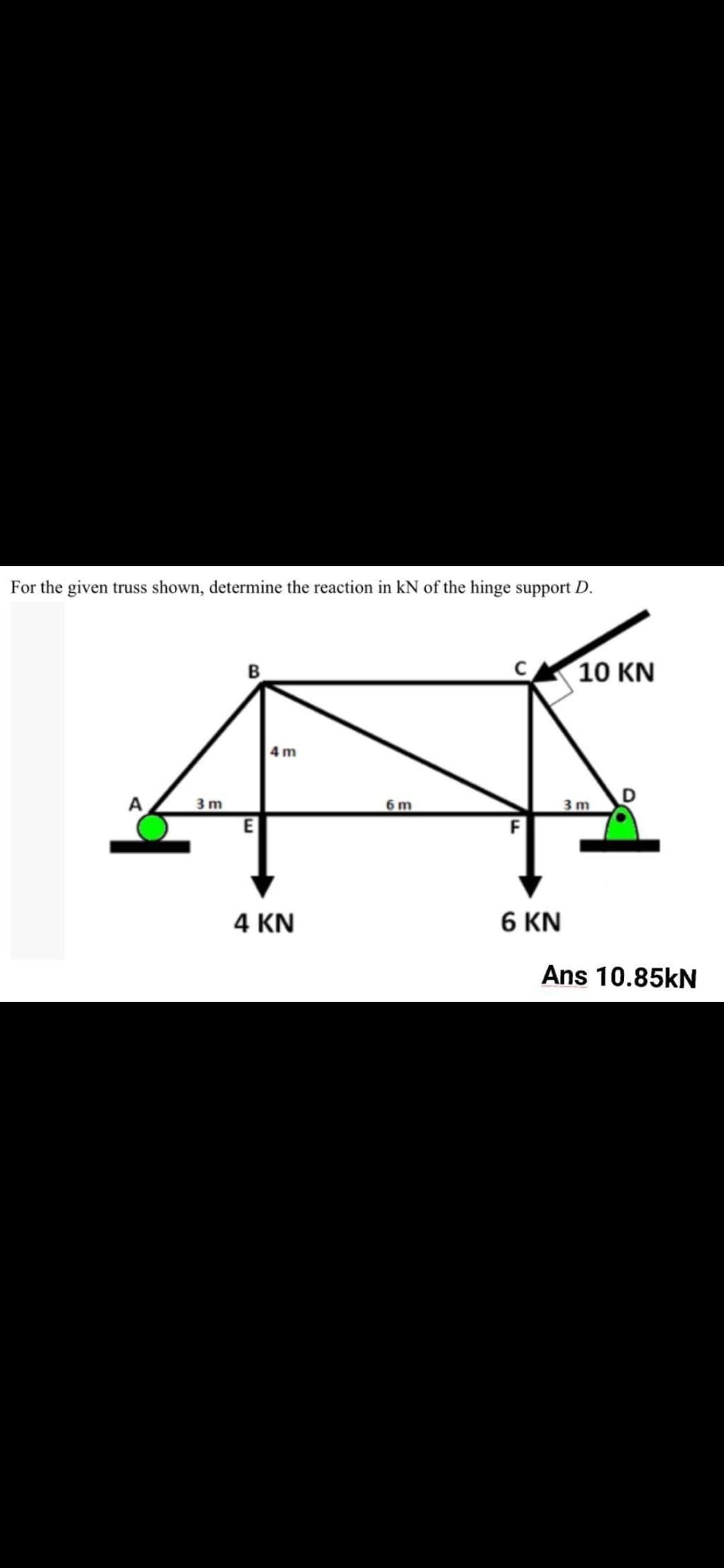 For the given truss shown, determine the reaction in kN of the hinge support D.
B
10 KN
4 m
A
3 m
6 m
3 m
4 KN
6 KN
Ans 10.85kN
