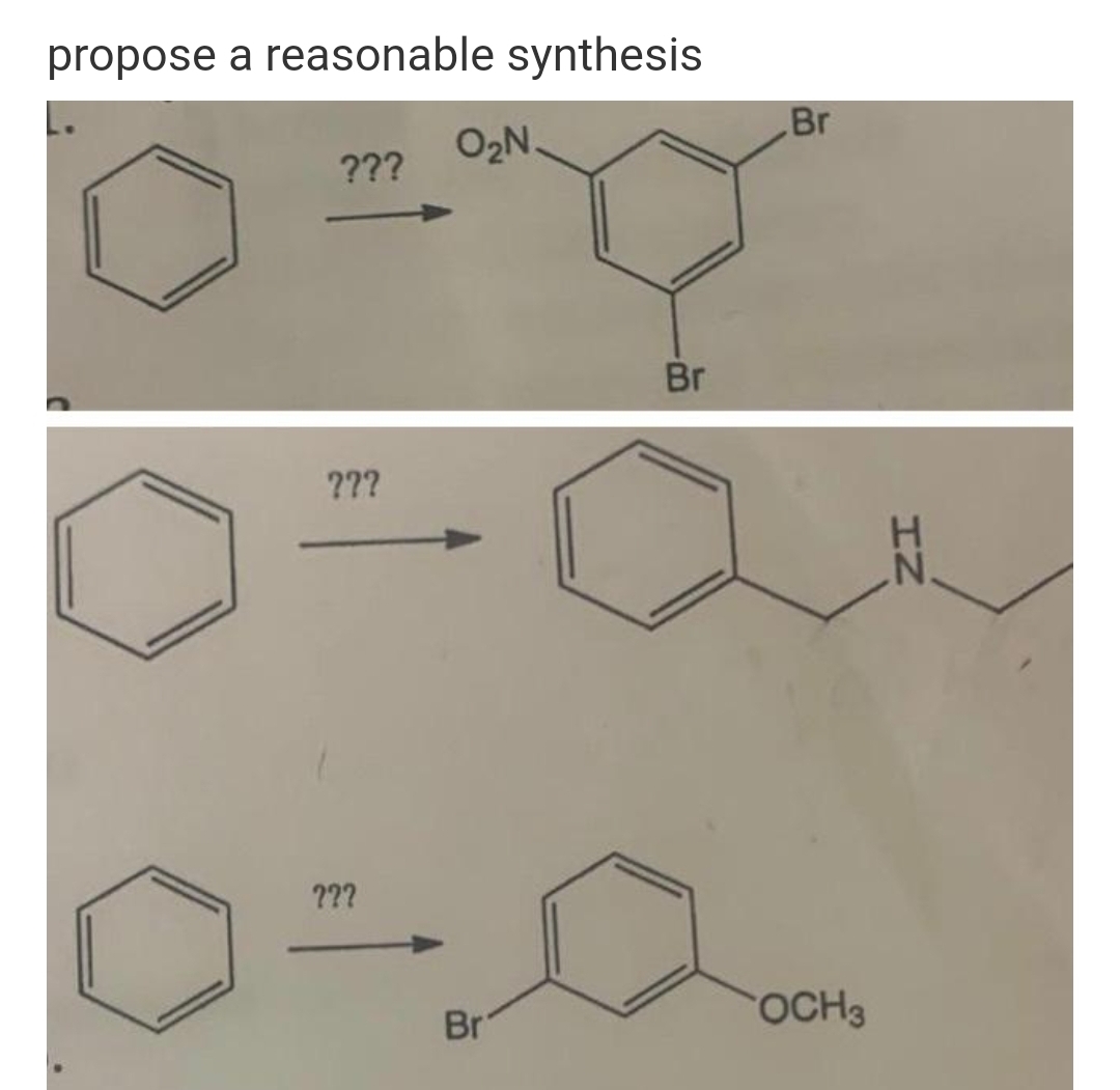 propose a reasonable synthesis
Br
O2N.
???
Br
???
???
Br
OCH3
