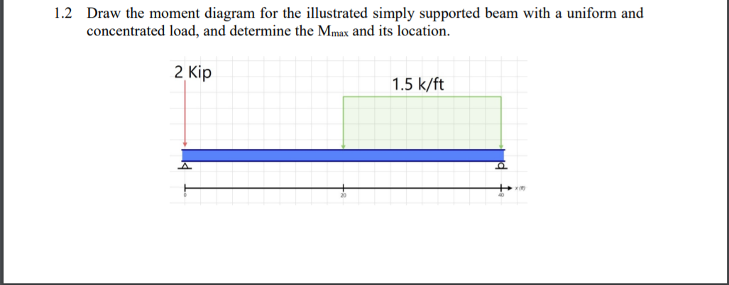 1.2 Draw the moment diagram for the illustrated simply supported beam with a uniform and
concentrated load, and determine the Mmax and its location.
2 Kip
1.5 k/ft
to

