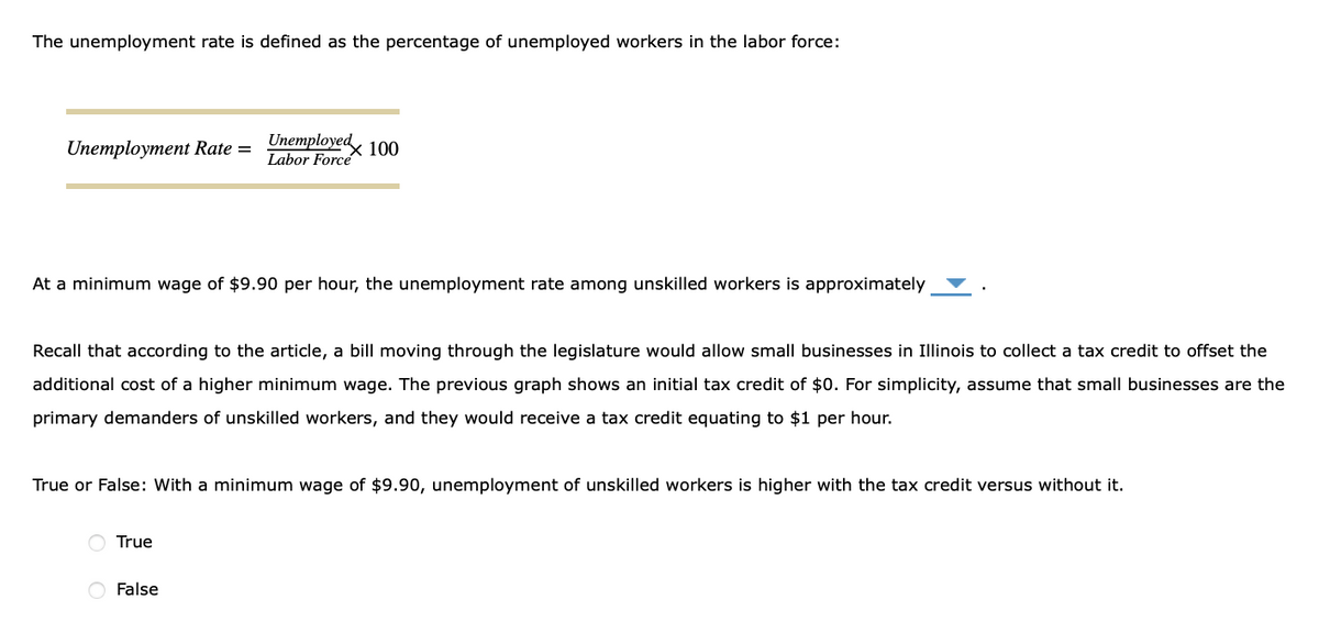 The unemployment rate is defined as the percentage of unemployed workers in the labor force:
Unemployment Rate =
Unemployed
Labor Force
At a minimum wage of $9.90 per hour, the unemployment rate among unskilled workers is approximately
"100
Recall that according to the article, a bill moving through the legislature would allow small businesses in Illinois to collect a tax credit to offset the
additional cost of a higher minimum wage. The previous graph shows an initial tax credit of $0. For simplicity, assume that small businesses are the
primary demanders of unskilled workers, and they would receive a tax credit equating to $1 per hour.
True
True or False: With a minimum wage of $9.90, unemployment of unskilled workers is higher with the tax credit versus without it.
False