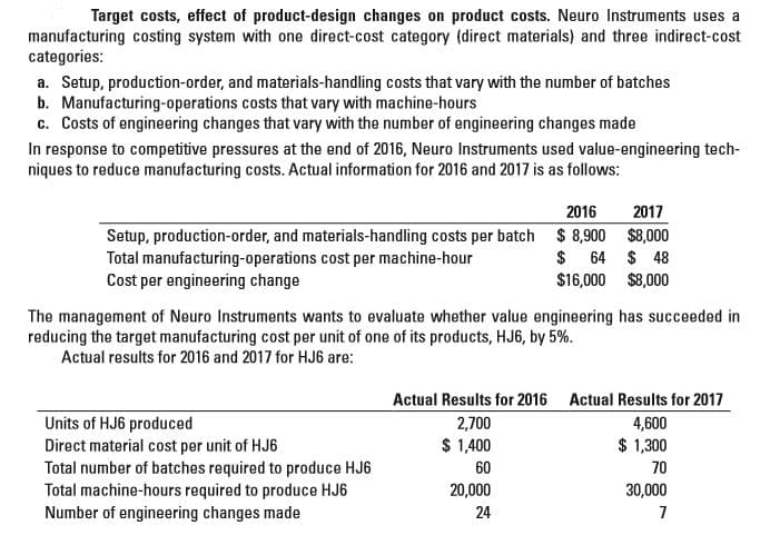Target costs, effect of product-design changes on product costs. Neuro Instruments uses a
manufacturing costing system with one direct-cost category (direct materials) and three indirect-cost
categories:
a. Setup, production-order, and materials-handling costs that vary with the number of batches
b. Manufacturing-operations costs that vary with machine-hours
c. Costs of engineering changes that vary with the number of engineering changes made
In response to competitive pressures at the end of 2016, Neuro Instruments used value-engineering tech-
niques to reduce manufacturing costs. Actual information for 2016 and 2017 is as follows:
2016
2017
Setup, production-order, and materials-handling costs per batch $ 8,900 $8,000
$ 48
$16,000 $8,000
$ 64
Total manufacturing-operations cost per machine-hour
Cost per engineering change
The management of Neuro Instruments wants to evaluate whether value engineering has succeeded in
reducing the target manufacturing cost per unit of one of its products, HJ6, by 5%.
Actual results for 2016 and 2017 for HJ6 are:
Actual Results for 2016 Actual Results for 2017
Units of HJ6 produced
Direct material cost per unit of HJ6
Total number of batches required to produce HJ6
2,700
4,600
$ 1,400
$ 1,300
60
70
Total machine-hours required to produce HJ6
Number of engineering changes made
20,000
30,000
24
