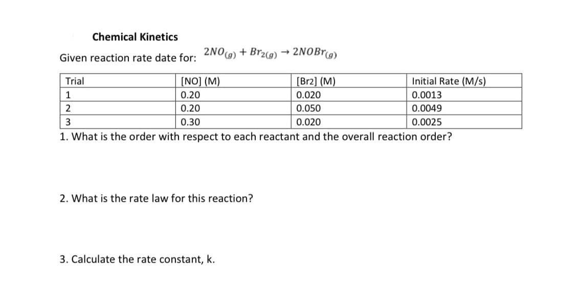 Chemical Kinetics
2NOBr(g)
Given reaction rate date for: 2NO(g) + Br2(g)
Trial
[NO] (M)
[Br2] (M)
Initial Rate (M/s)
1
0.20
0.020
0.0013
2
0.20
0.050
0.0049
3
0.30
0.020
0.0025
1. What is the order with respect to each reactant and the overall reaction order?
2. What is the rate law for this reaction?
3. Calculate the rate constant, k.