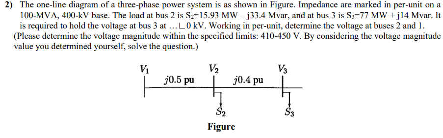 2) The one-line diagram of a three-phase power system is as shown in Figure. Impedance are marked in per-unit on a
100-MVA, 400-kV base. The load at bus 2 is S2=15.93 MW - j33.4 Mvar, and at bus 3 is S3-77 MW + j14 Mvar. It
is required to hold the voltage at bus 3 at ...L0 kV. Working in per-unit, determine the voltage at buses 2 and 1.
(Please determine the voltage magnitude within the specified limits: 410-450 V. By considering the voltage magnitude
value you determined yourself, solve the question.)
V₁
j0.5 pu
V₂
j0.4 pu
S₂
Figure
V3
S3