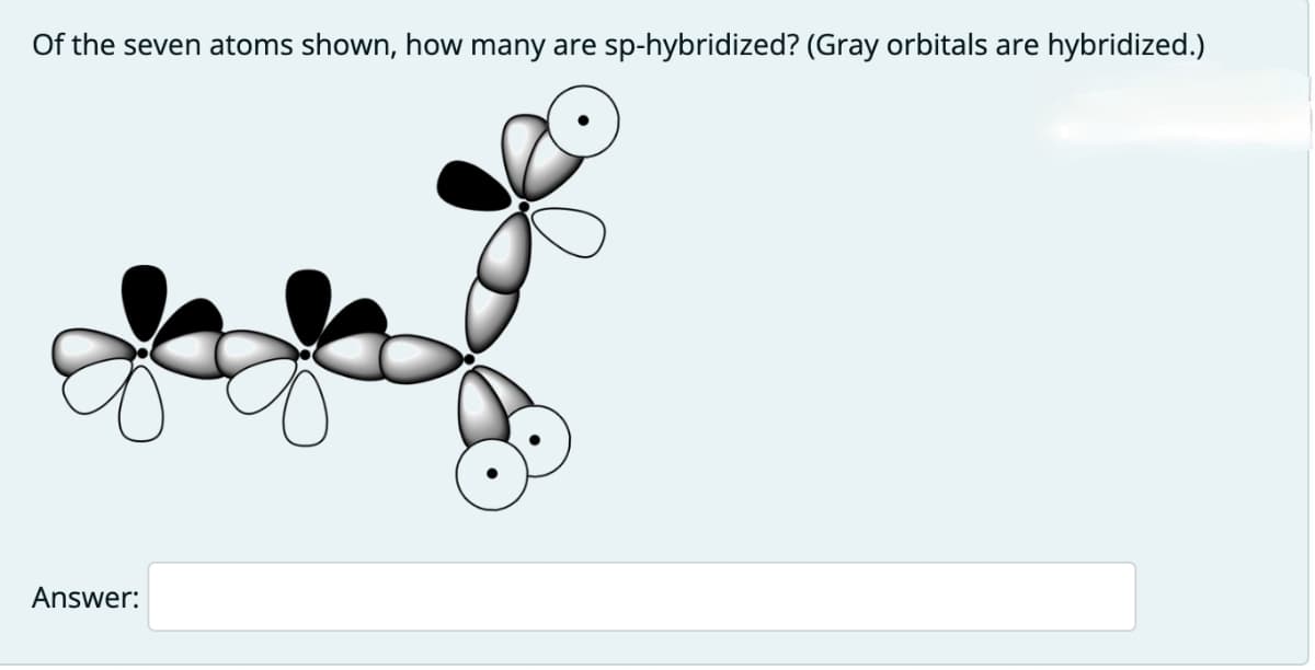 Of the seven atoms shown, how many are sp-hybridized? (Gray orbitals are hybridized.)
Answer:
