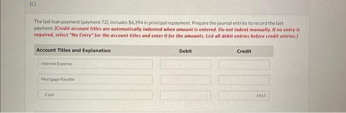 The last loan payment (payment 72), includes $6,394 in principal repayment. Prepare the journal entries to record the last
payment. (Credit account titles are automatically indented when amount is entered. Do not indent manually. If no entry is
required, select "No Entry" for the account titles and enter 0 for the amounts. List all debit entries before credit entries.)
Account Titles and Explanation
Interest Expense
Mortgage Payable
Cash
Debit
Credit
6415