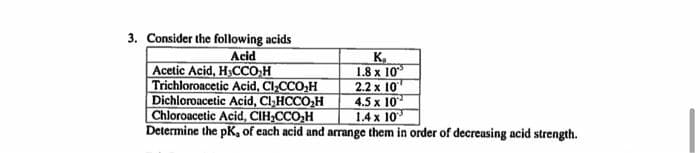 3. Consider the following acids
Acid
Acetic Acid, HCCO,H
Trichloroacetic Acid, CICCO,H
Dichloroacetic Acid, Cl-HCCO,H
Chloroacetic Acid, CIH;CCO,H
K,
1.8 x 10
2.2 x 10
4.5 x 10
1.4 x 10
Determine the pK, of each acid and arrange them in order of decreasing acid strength.
