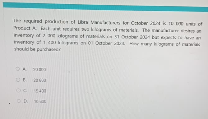 The required production of Libra Manufacturers for October 2024 is 10 000 units of
Product A. Each unit requires two kilograms of materials. The manufacturer desires an
inventory of 2 000 kilograms of materials on 31 October 2024 but expects to have an
inventory of 1 400 kilograms on 01 October 2024. How many kilograms of materials
should be purchased?
O A.
20 000
OB.
20 600
O C.
19 400
OD. 10 600