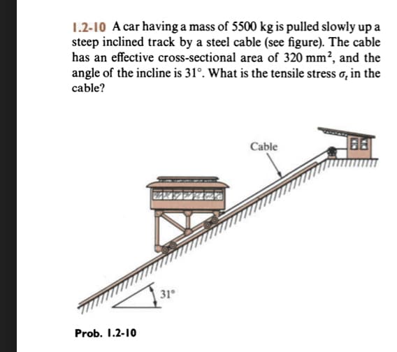1.2-10 A car having a mass of 5500 kg is pulled slowly up a
steep inclined track by a steel cable (see figure). The cable
has an effective cross-sectional area of 320 mm², and the
angle of the incline is 31°. What is the tensile stress o, in the
cable?
Cable
31°
Prob. 1.2-10

